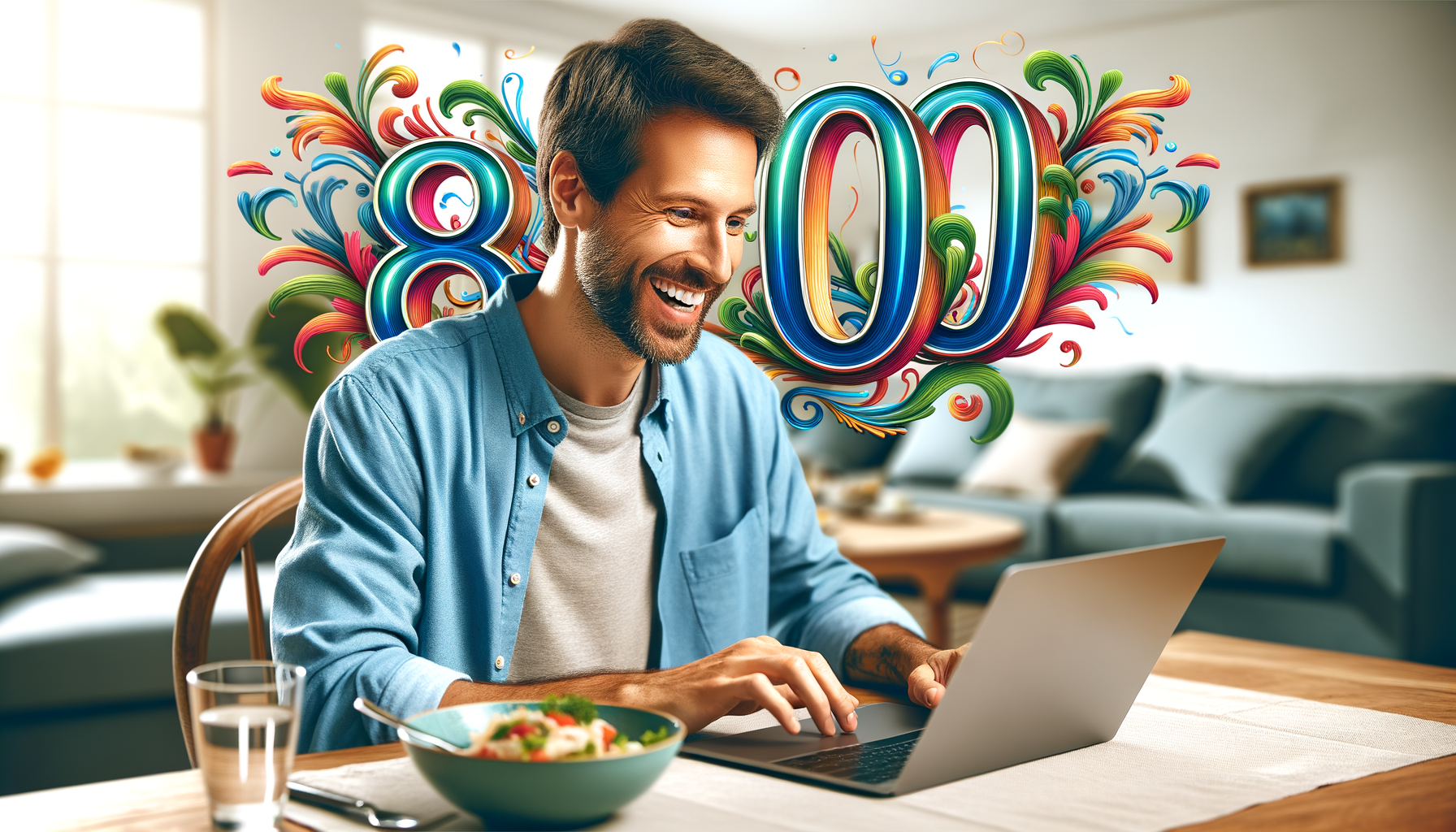 An american person sitting at the dinner table, with a happy smile, looking at a laptop screen with the number "800" floating above thier head with a color treatment