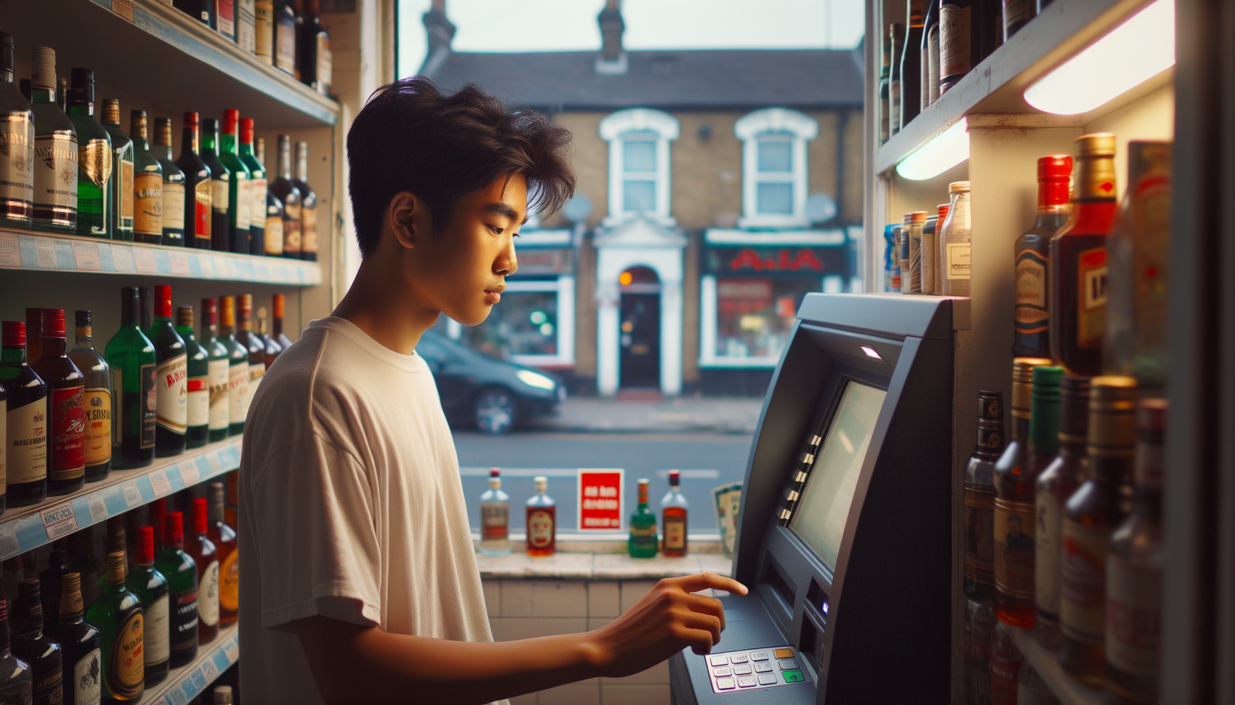 An american young adult male making a withdrawl from ATM machine while standing inside of a poor neighborhood liquor store