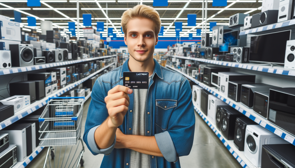 american blonde person holding a credit card while inside an electronic superstore